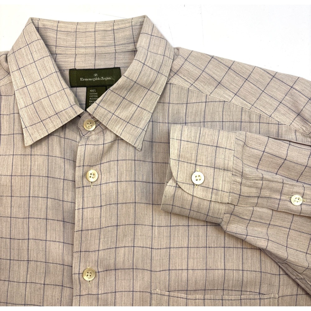 Ermenegildo Zegna Mens Shirt Button Down Pale Pink Blue Plaid Large